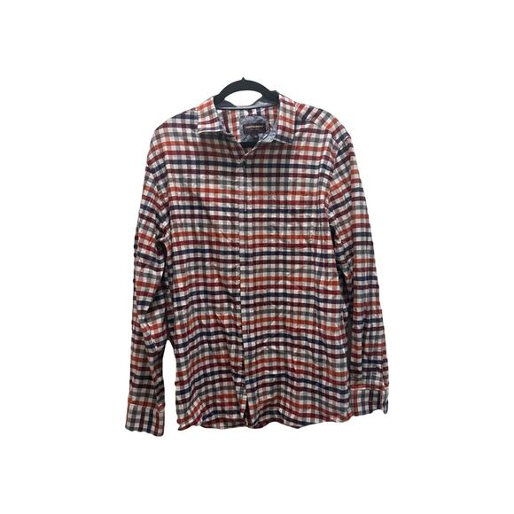 JOHNSON AND MURPHY Shirt Button Up Men Large Blue Red Flip Cuff Cotton (298) - Picture 3 of 10